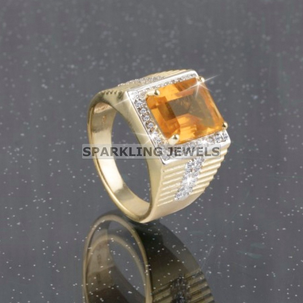 Lustrous Citrine Emerald Cut With 14K Solid Gold Ring For Men #C169