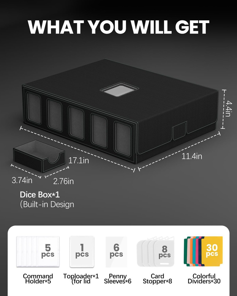 Trading Card Storage Box , 5-Row Card Case with Commander Display & Portable Han
