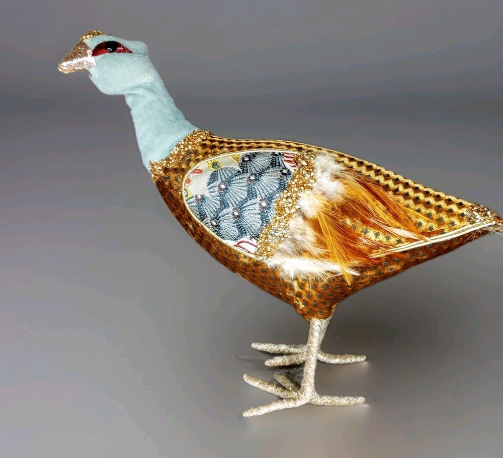 Designer Handcrafted Patchwork Pheasant With Jewels & Genuine Tail Feathers