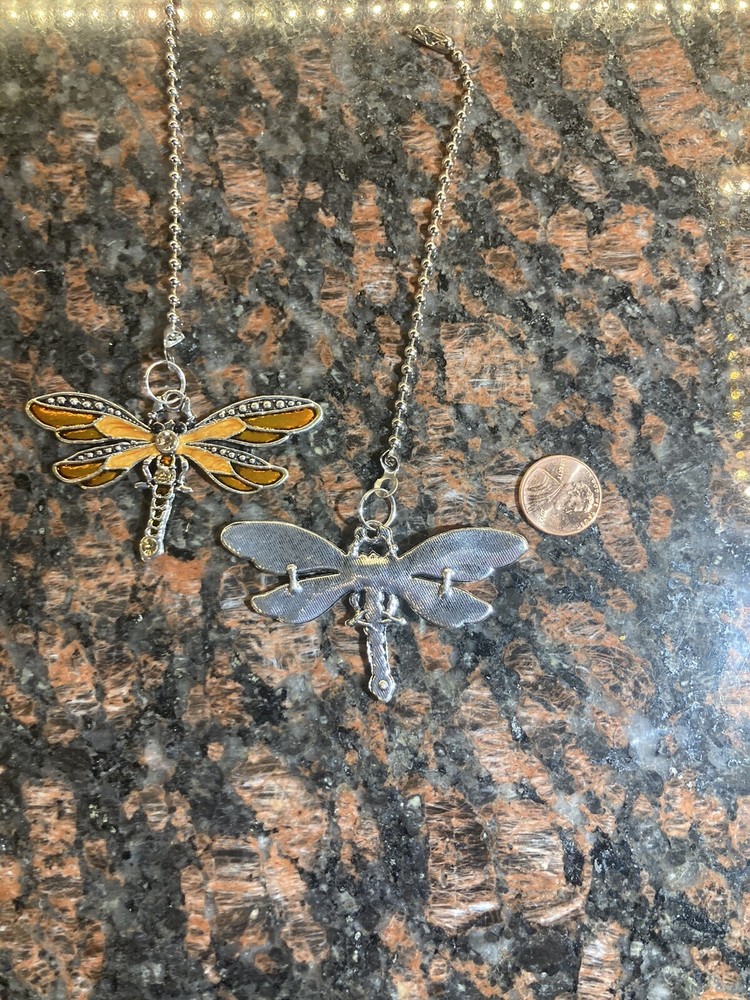 ANTIQUE SILVER ORANGE DRAGONFLY CEILING FAN LIGHT SWITCH PULL LARGE PAIR