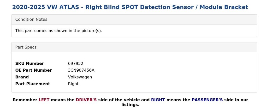 2020-2025 VW ATLAS - Right Blind SPOT Detection Sensor / Module Bracket
