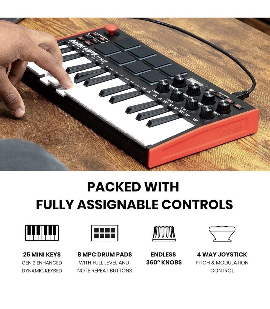 Akai MPK Mini MK3 25 Key Electronic Keyboard Midi Controller Black/Red/White