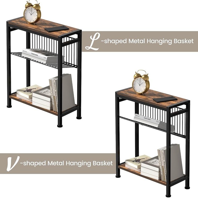 Narrow Industrial End Table Multi-Purpose Storage Snack Table W/ Adjustable Feet