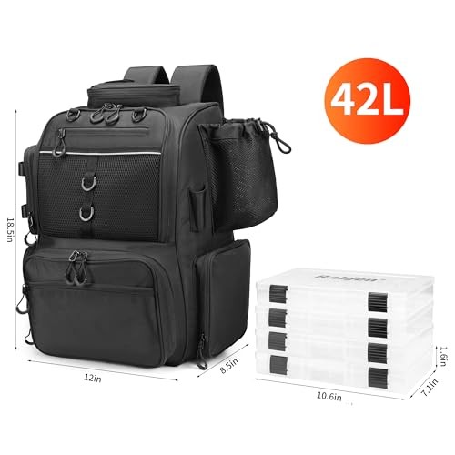 Fishing Tackle Backpack Standard size include 4 tackle boxes 1600D nylon Black