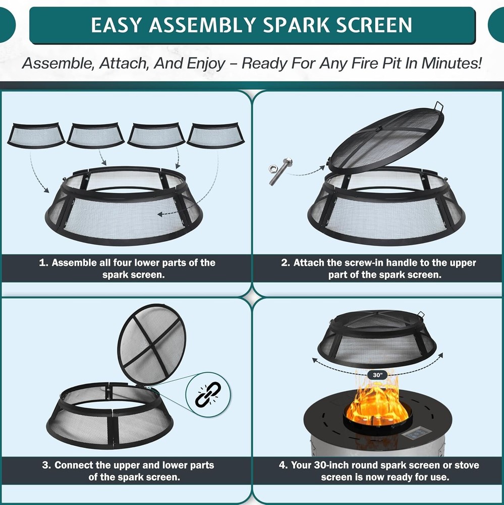 FEBTECH 30 inch Fire Pit Screen Round with Hook for Outdoor Fire Pit Ring Cover