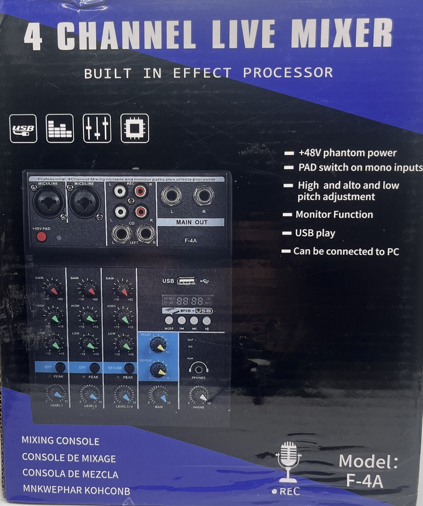 4 Channel Live Mixer Built In Effect Processor Model F-4A Audio Mix. OPEN BOX