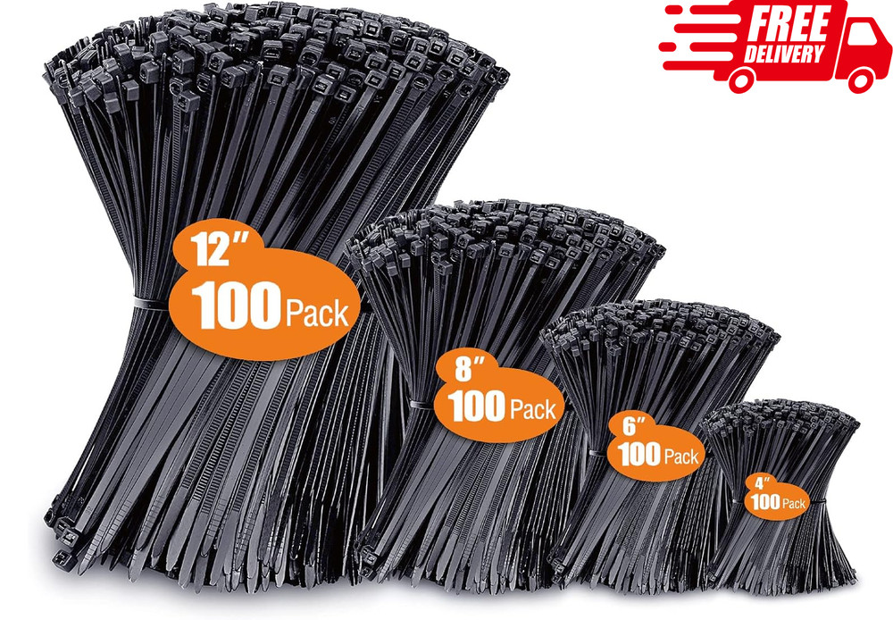 Zip Ties Assorted Sizes(4”+6”+8”+12”), 400 Pack, Black Cable Ties, UV Resistant