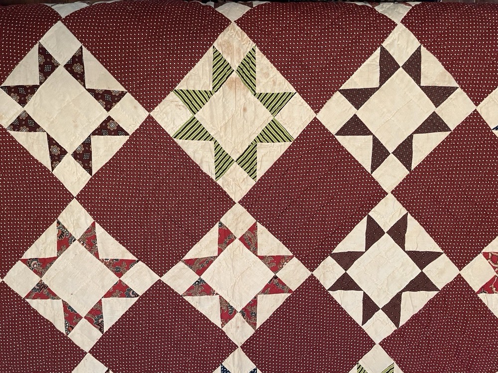19th c. patchwork star quilt hand stitched 86x94"