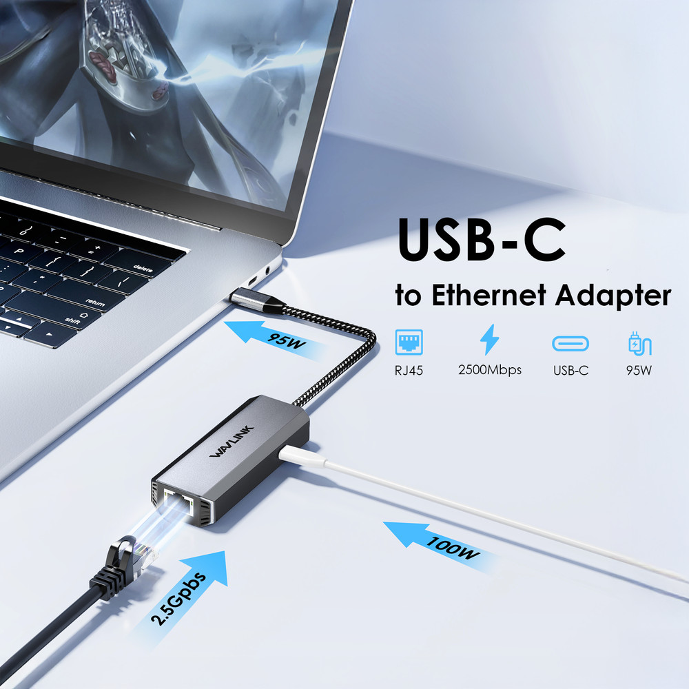 2.5G/5G 95W PD USB-C Ethernet Adapter 10/100/1000Mbps iPhone 17/Mac/Win/Linux