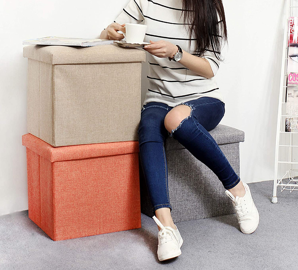 OT01 Linen Folding Storage Ottoman Cube Footrest Seat