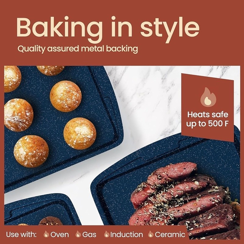 Kitchen Baking Pan Set Nonstick Blue Marble Coating Carbon Steel Bakeware Set