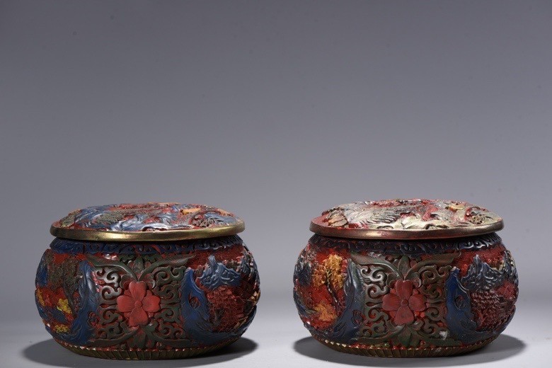 Old Dynasty Red Wood lacquerware Painting Carve tree house Jar Pot Crock pair