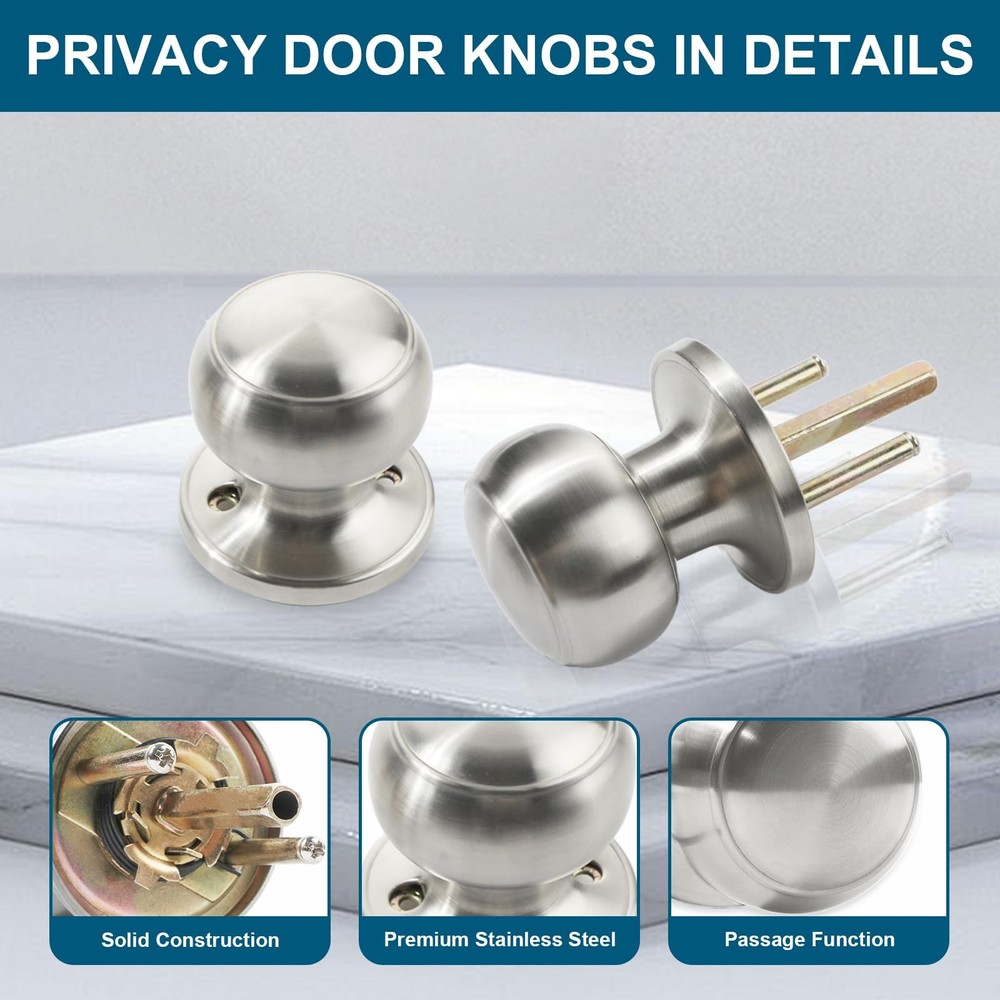 Passage Door Knobs, 6 Pack Satin Nickel Door Knobs, for Hallway & Closet Non-Loc