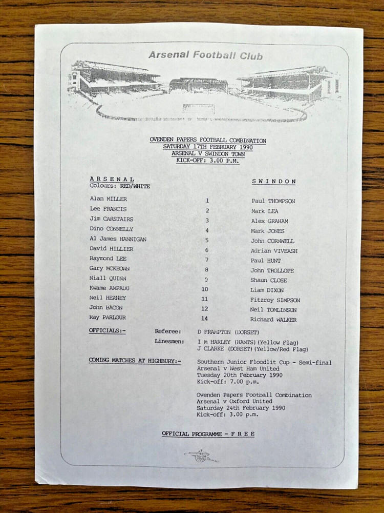 Arsenal vs Swindon Town Matchday  Programme/Teamsheet, 17/2/1990