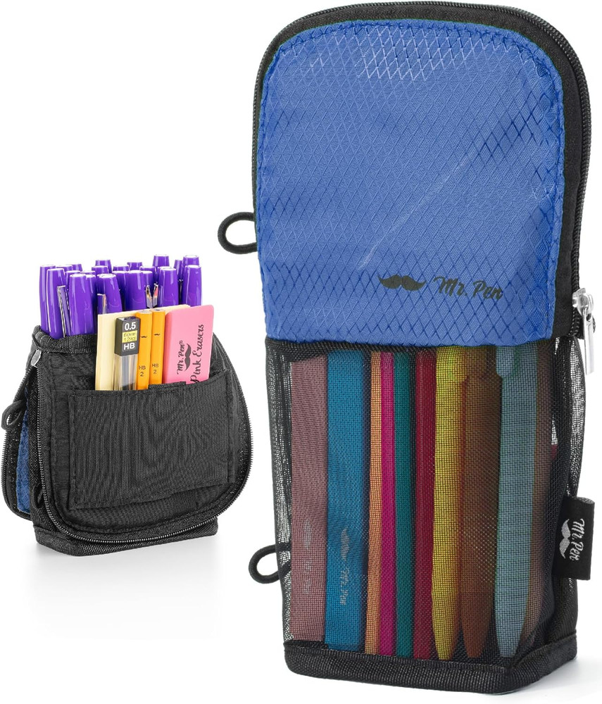 - Standing Pencil Case Pouch, Sit & Lay Mesh-View Design, Black & Blue, Inter...