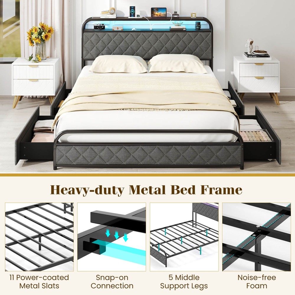 Queen Size Bed Frame with LED Lights & Charging Station Storage Headboard