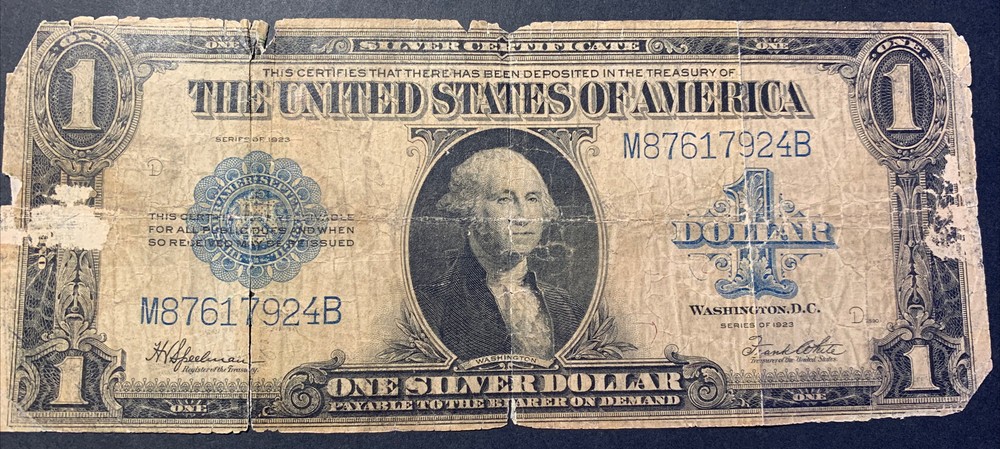 1923 $1 One Dollar Silver Certificate Note Horse Blanket Large Size Banknote.