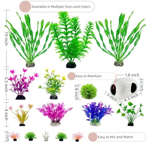 Aquarium Decorations Set, 16Pieces Artificial Plastic Plants & Smooth Fish
