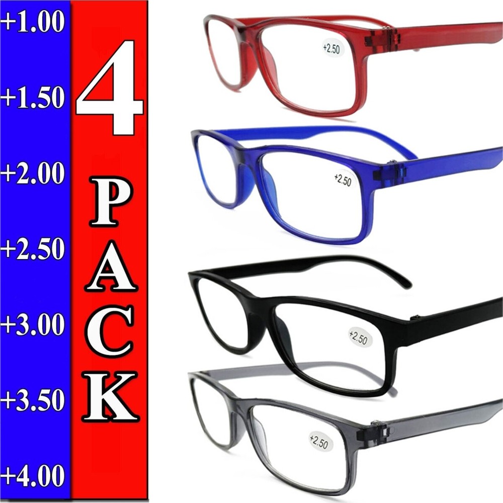 4 PK Mens Rectangular Blue Light Blocking Reading Glasses Unisex Readers