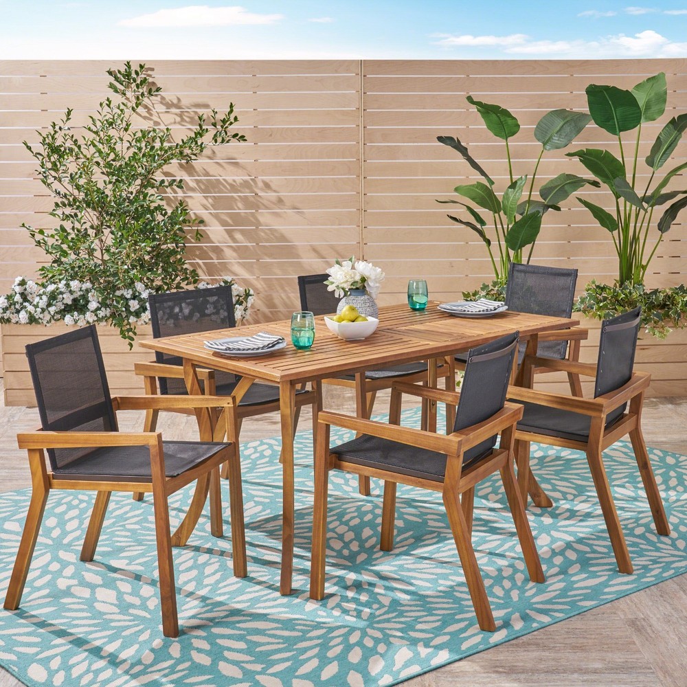 Kaur Patio 6-Seater Acacia Wood Dining Set with Rectangular Dining Table ...