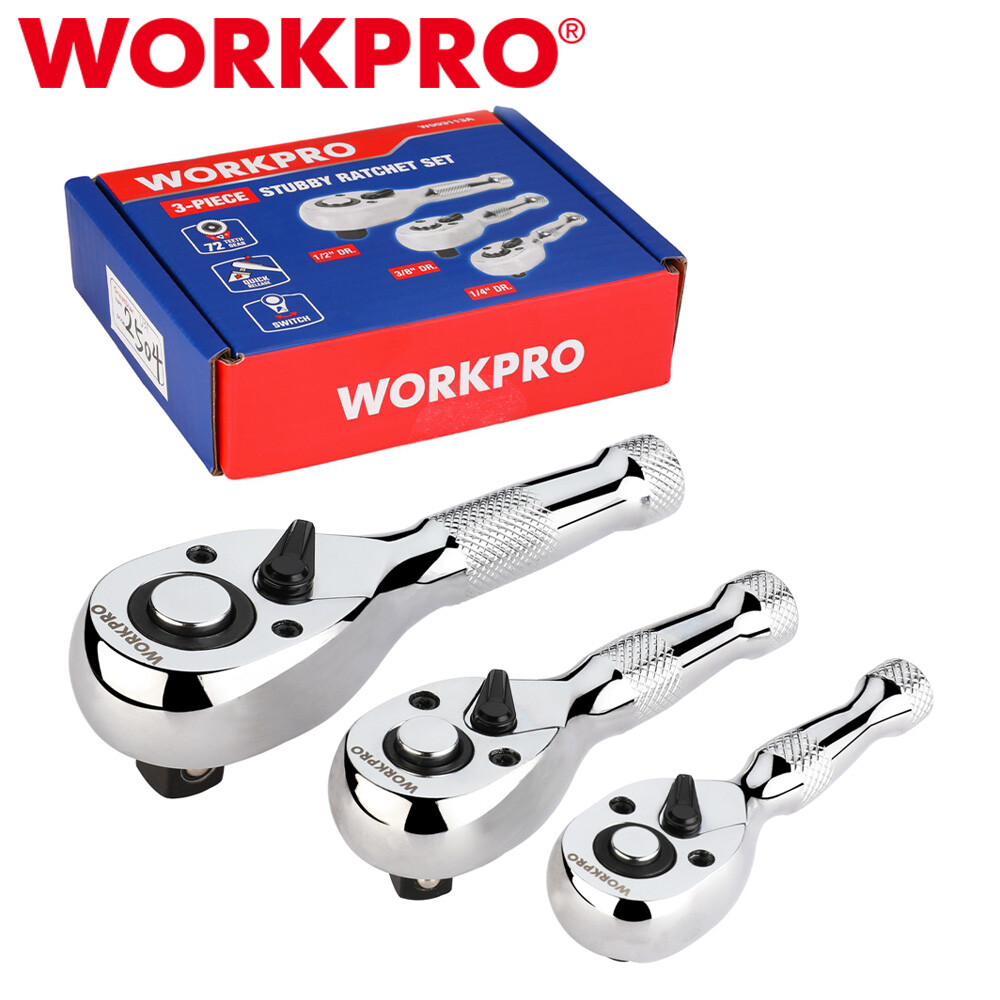 WORKPRO 3PC Stubby Ratchet Set Quick Release 1/4" 3/8" 1/2" Drive Ratchet Handle