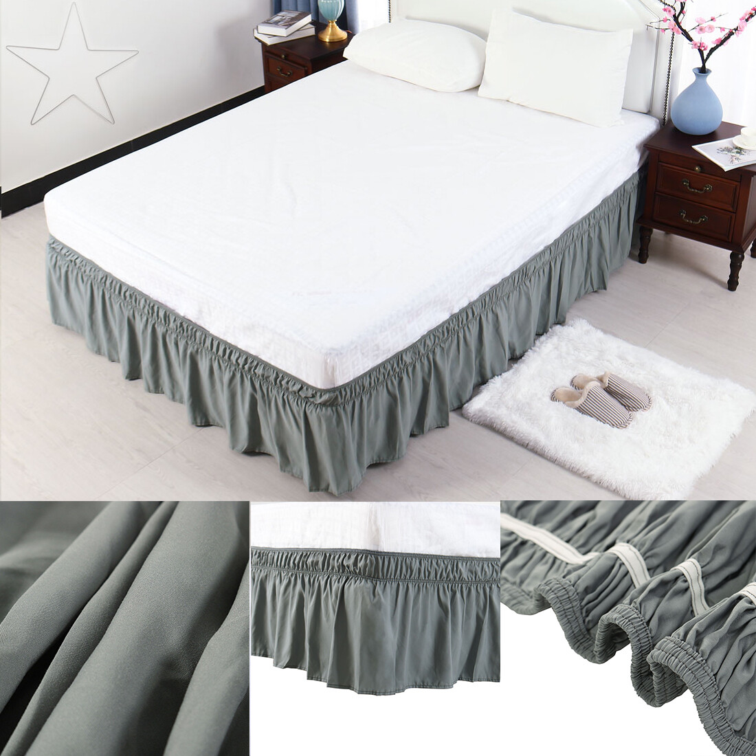 US Ship Wrap Around Bed Skirt Elastic Dust Ruffle 15 Inch Drop 4 Size Wrinkle