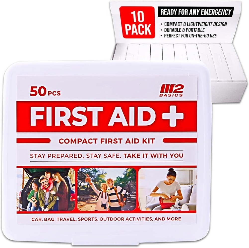 M2 BASICS Mini First Aid Kit Multi Pack, 10 Pack, 50 per Kit, 500 Total Pieces,