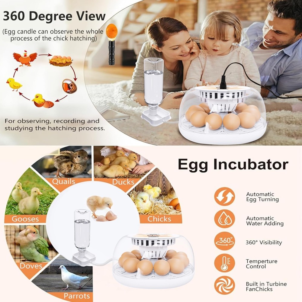 Incubators for Hatching Eggs, 12 Egg Incubator with Automatic Turning White