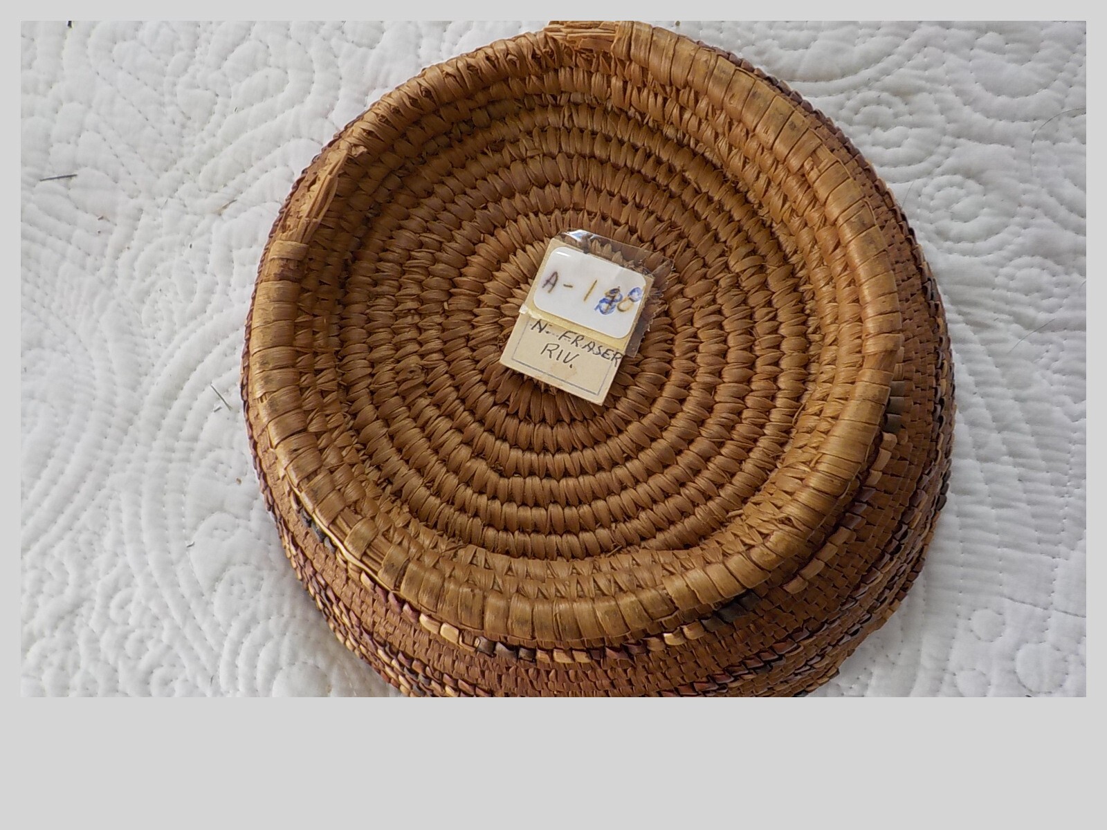 N. Fraser River Salish basket Thompson imbricated antique 7.5"
