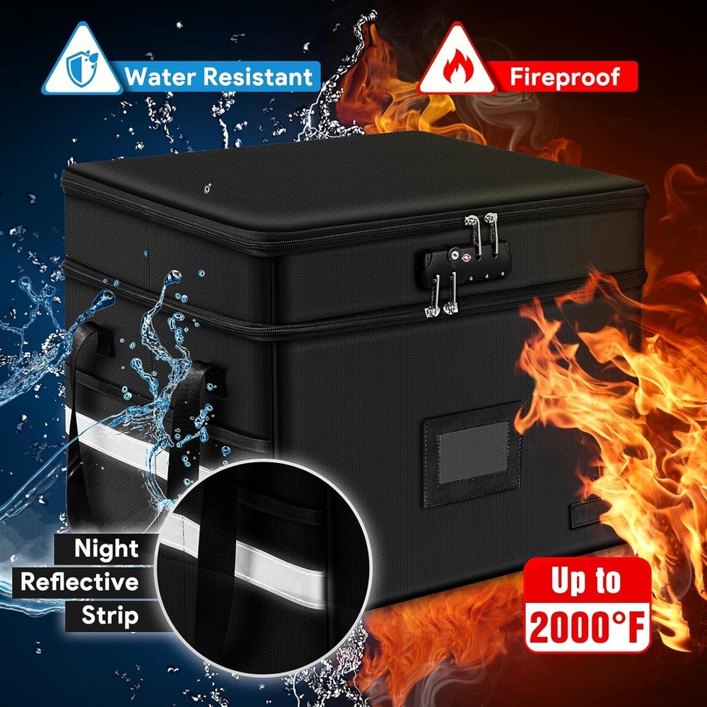 Fireproof Document Box with Lock, 2 Layer Fire Proof File Box for Documents with