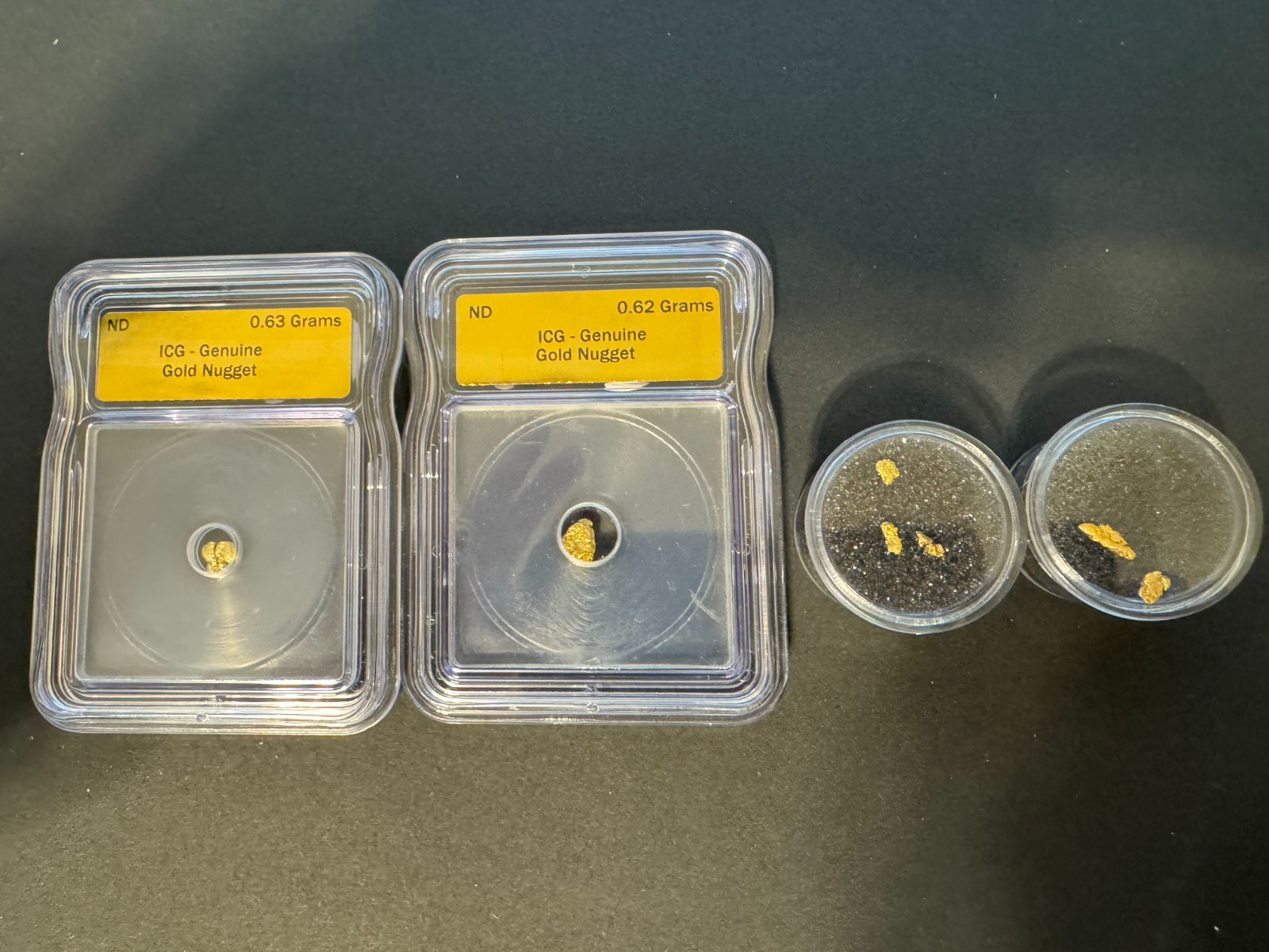 1.703 GRAMS OF GOLD NUGGET TWO SETS GRADED BY ICG .62 .63 .171 .282  TOTAL OF 4
