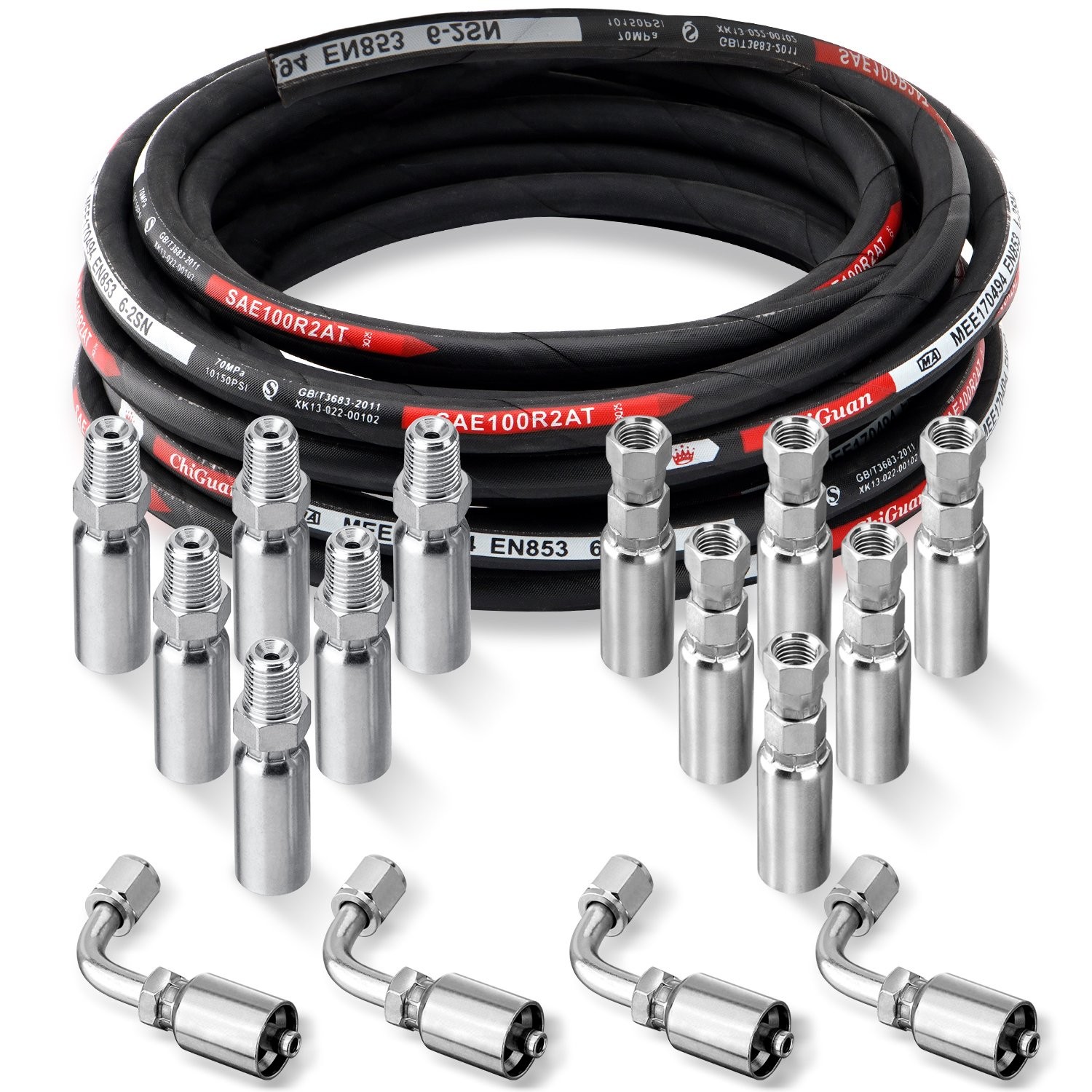 33FT 1/4" Hydraulic Hose w/ 16 Fittings (JIC Female & NPTF Male & JIC Female 90°