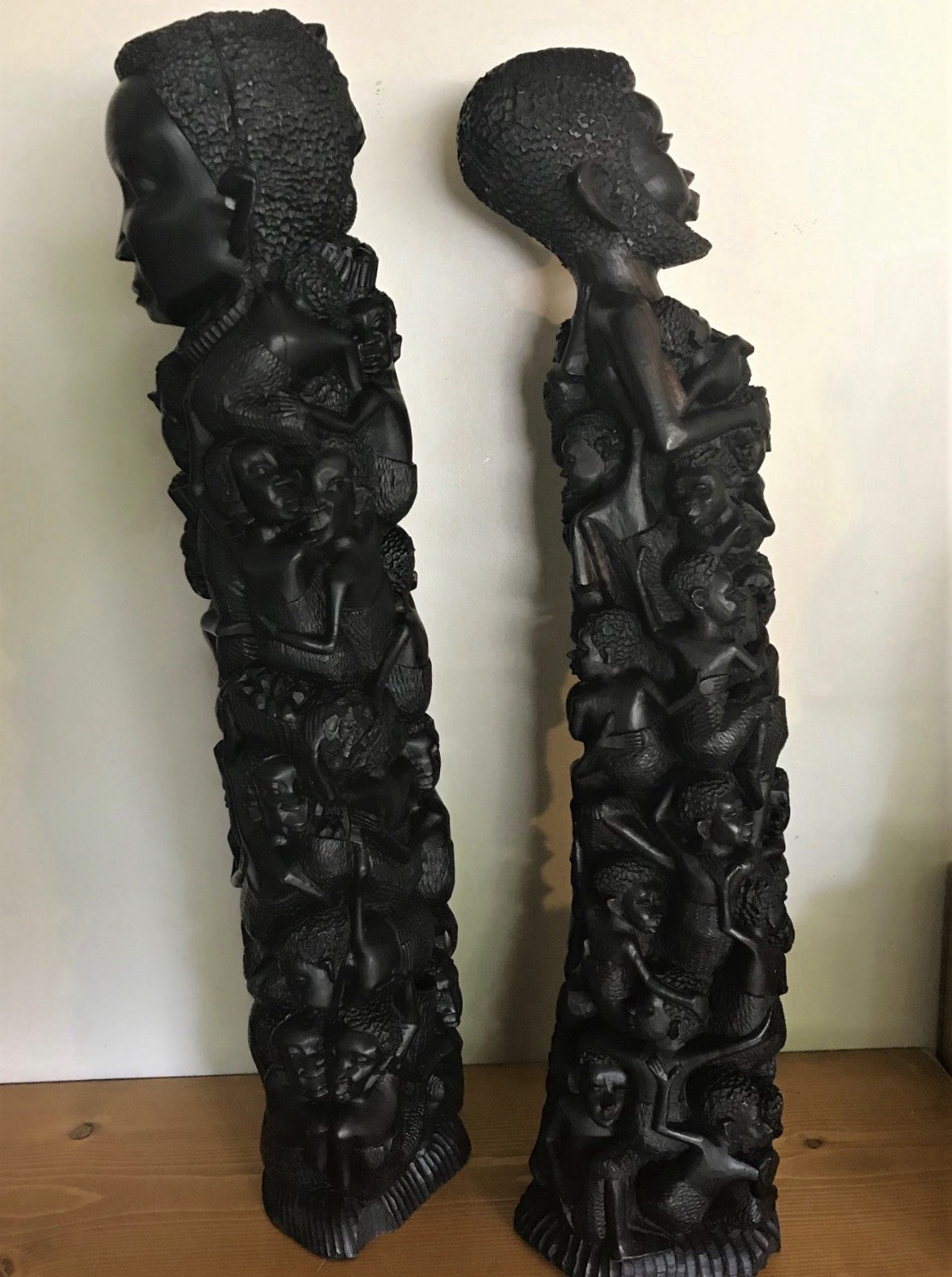 Antique Pair of EBONY MALE & FEMALE MAKONDE . “Tree of Life” STATUES . 24"+ TALL