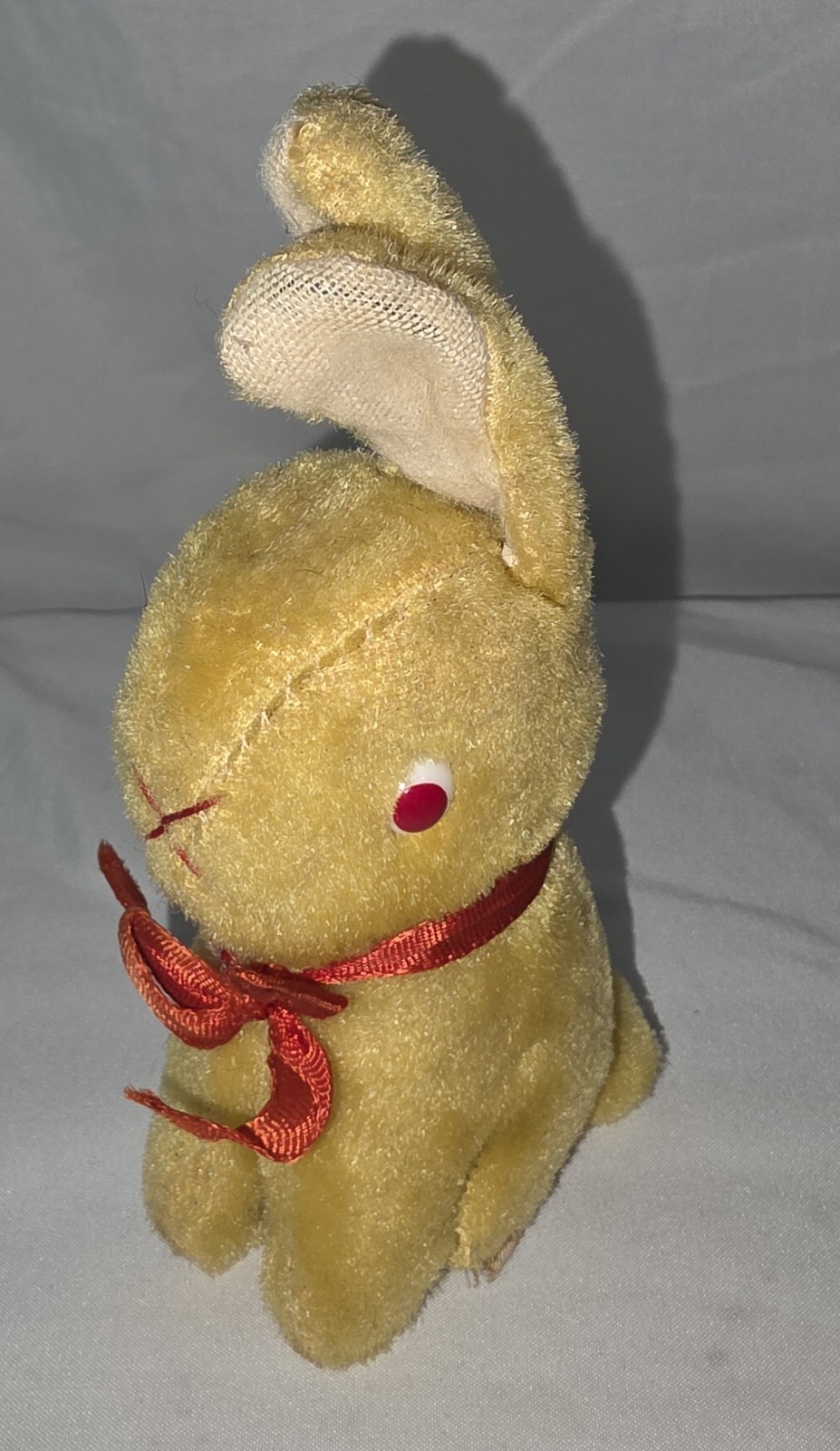 Vintage Small Yellow Stuffed Rabbit Plush with Glass Eyes and Red Ribbon Bow