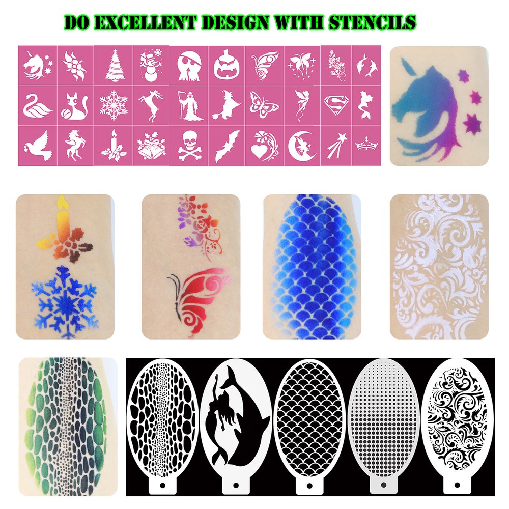 Bowitzki Professional Split Cake Face Paint Kit with Sponges Stencils Brush Kit
