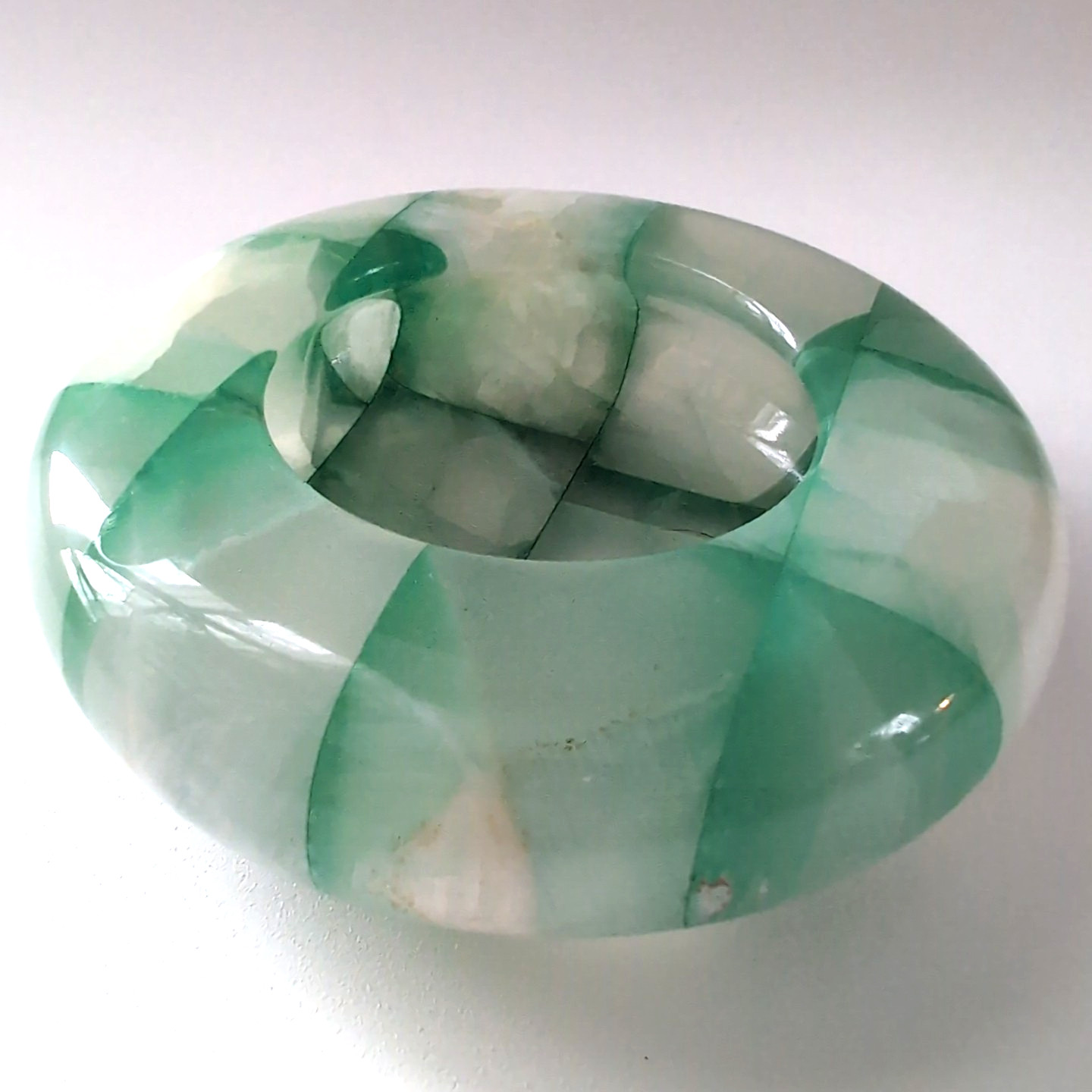 Vintage Carved Green Onyx Stone Ashtray MCM Heavy Trinket Made Italy Checkered