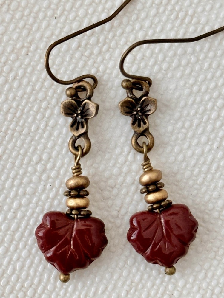 Bronze with Burnt Red Leaf Dangle Earrings. Fall. Nature.