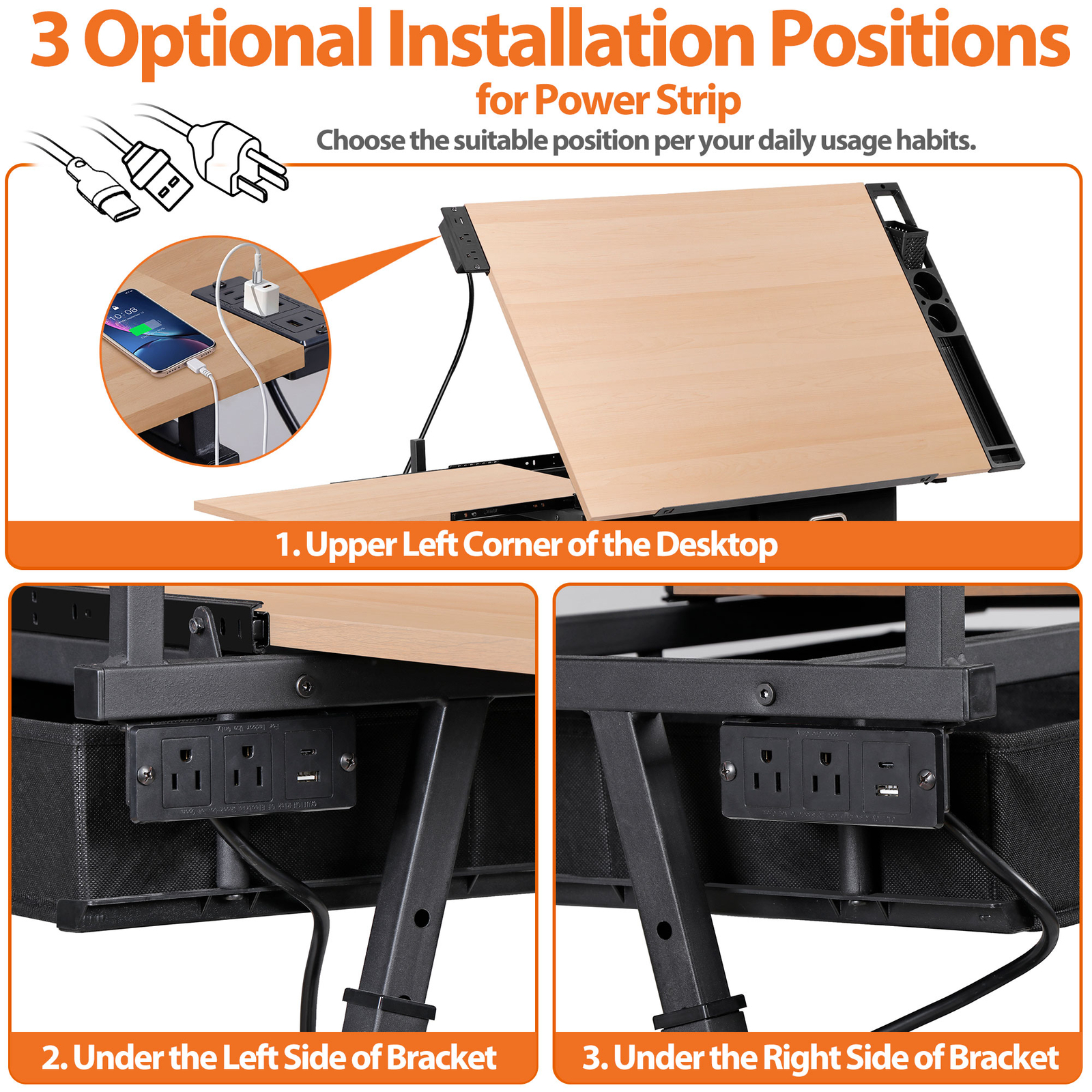 Adjustable Drafting Table with Outlet Artist Drawing Table with Stool Natural
