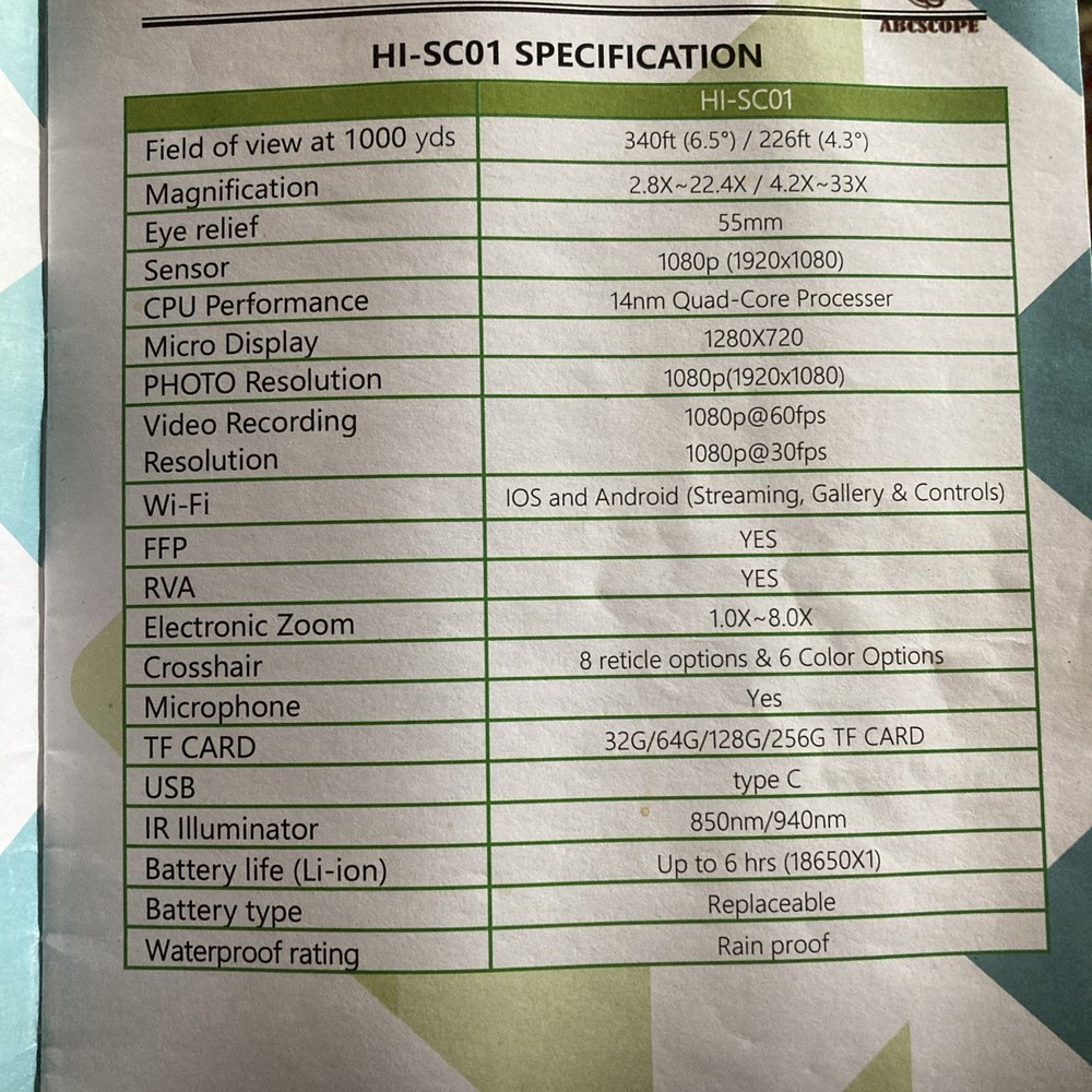 Night Vision Scope MFG ABCSCOPE Model HI-SC01