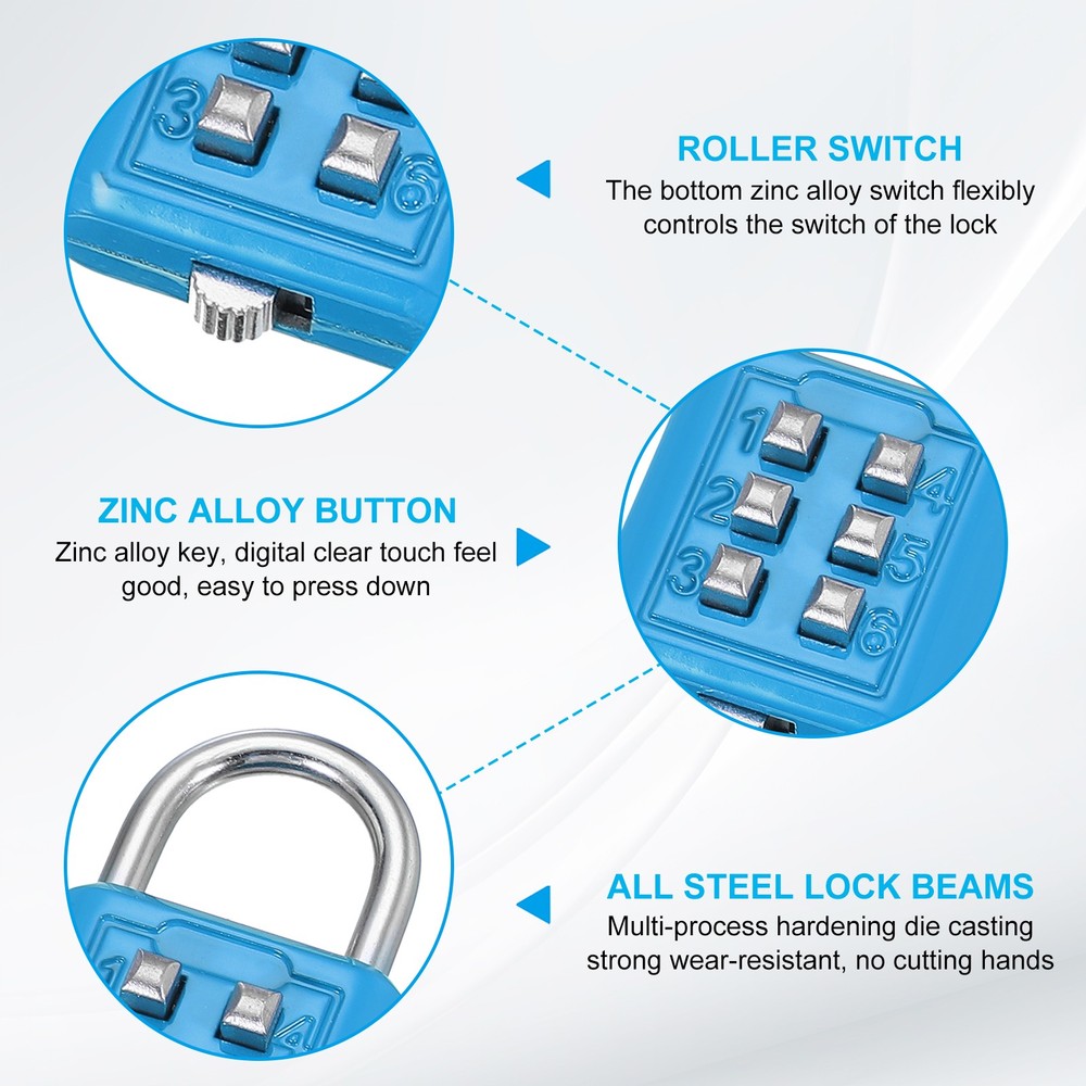 Push Button Combination Padlock 6-Digit 3-Position Lock Sky Blue
