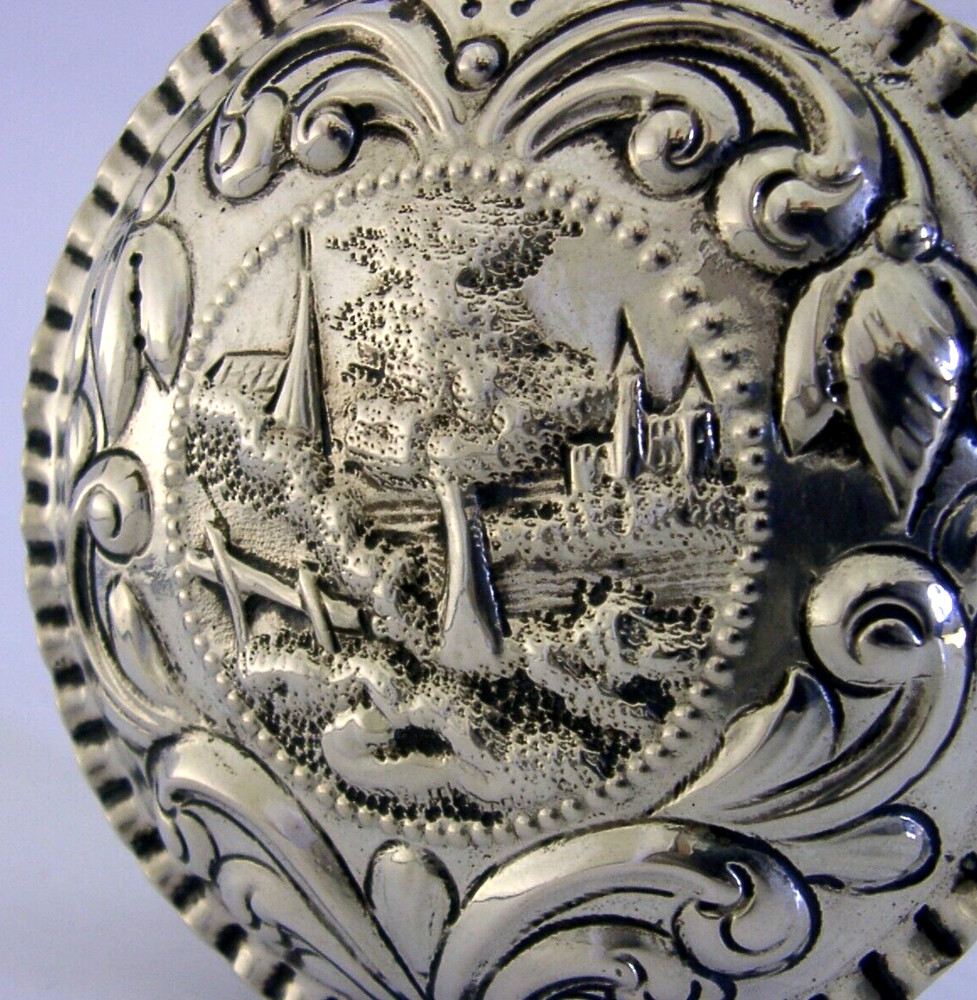 LARGE 198g GERMAN HANAU SOLID SILVER PICTURE TOP TABLE BOX c1900 ANTIQUE