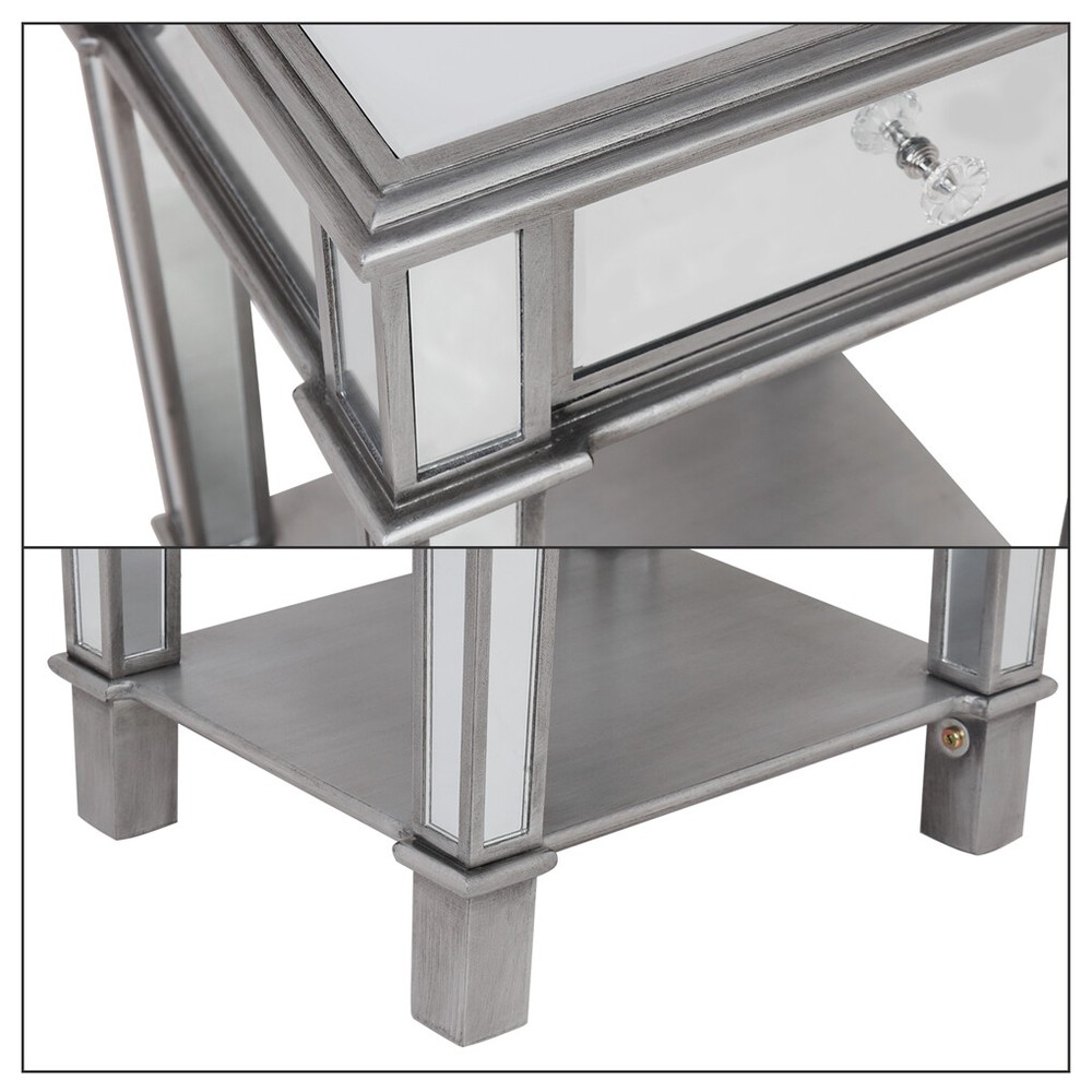2Tier Modern Silver Mirrored Side End Table Nightstand Bedside Table with Drawer