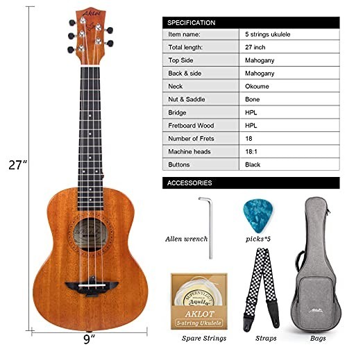 Solid Mahogany Ukulele 26 Inch - Acoustic 5 String for Beginners & Pros