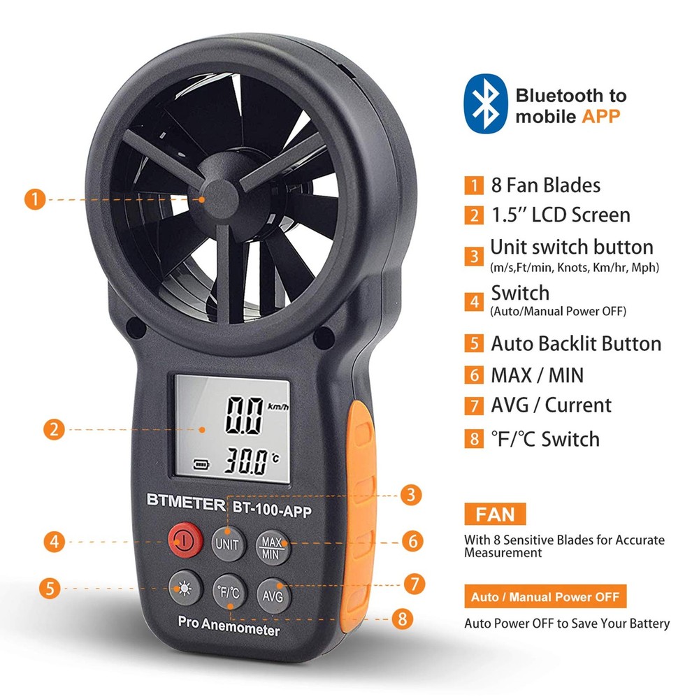 Bt100app Anemometer W/wireless Bluetooth Digital Handheld Wind Speed Meter For W