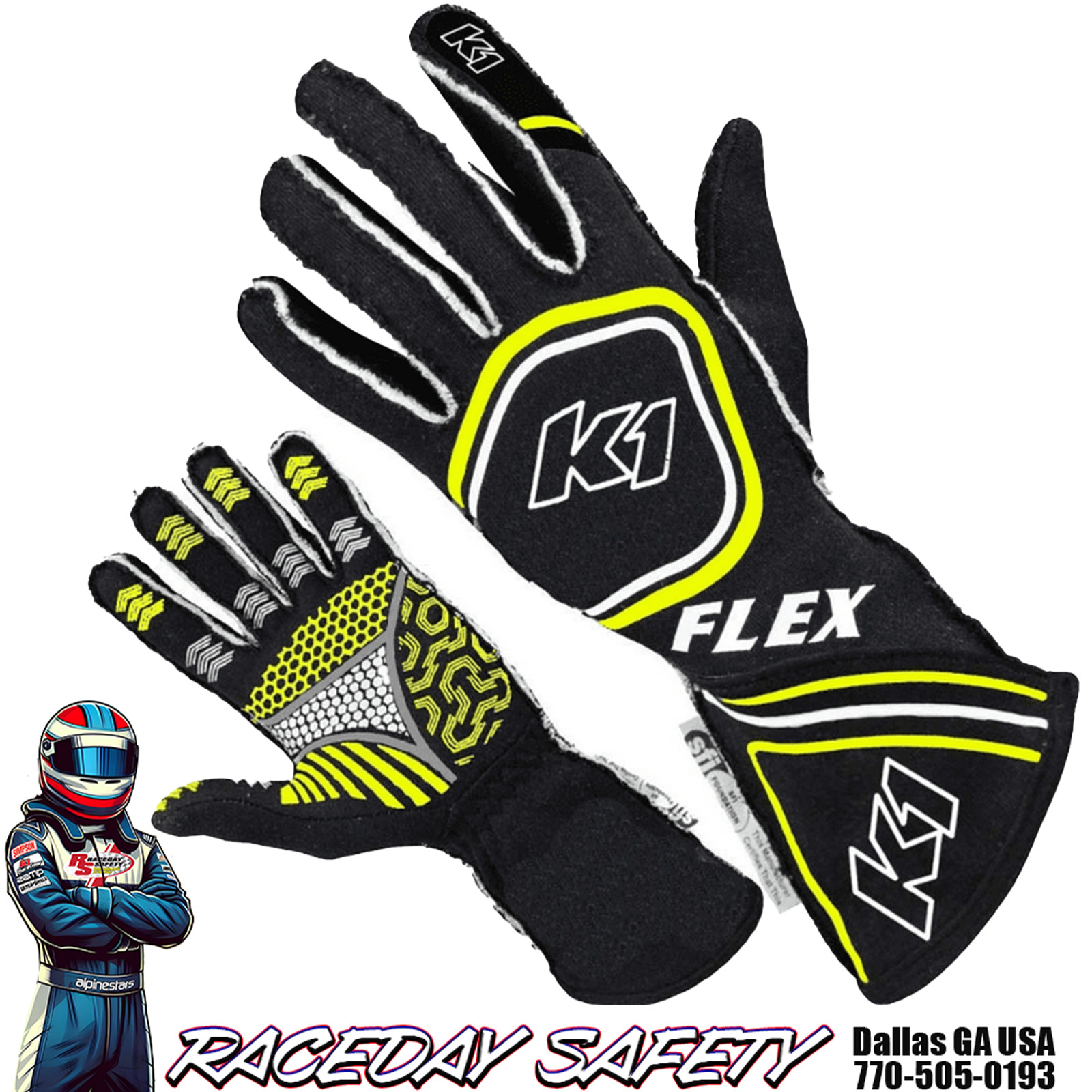 K1 RaceGear Flex SFI 3.3/5 Auto Race Gloves Black/Yellow Youth and Adult Sizes