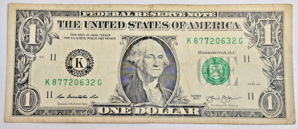 2013 One Dollar Note Over Inked Serial Number, "7"