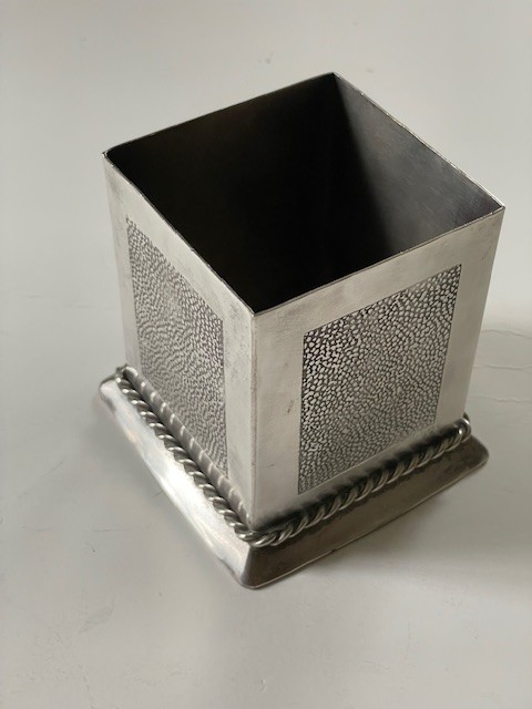 Open silver plate box; no mark, hammered sides, 3" square; desk accessory?