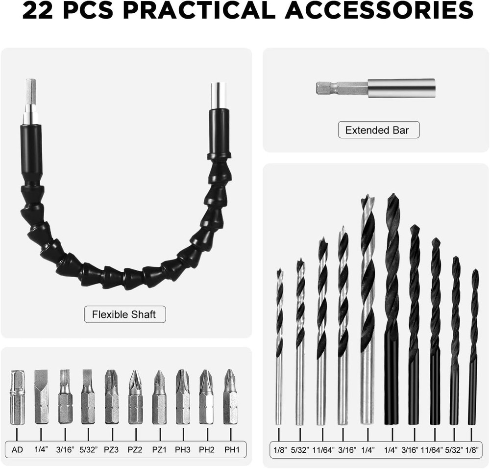Lightweight 20V Lithium-ion Drill with Variable Speed and 22 Piece Bit Set