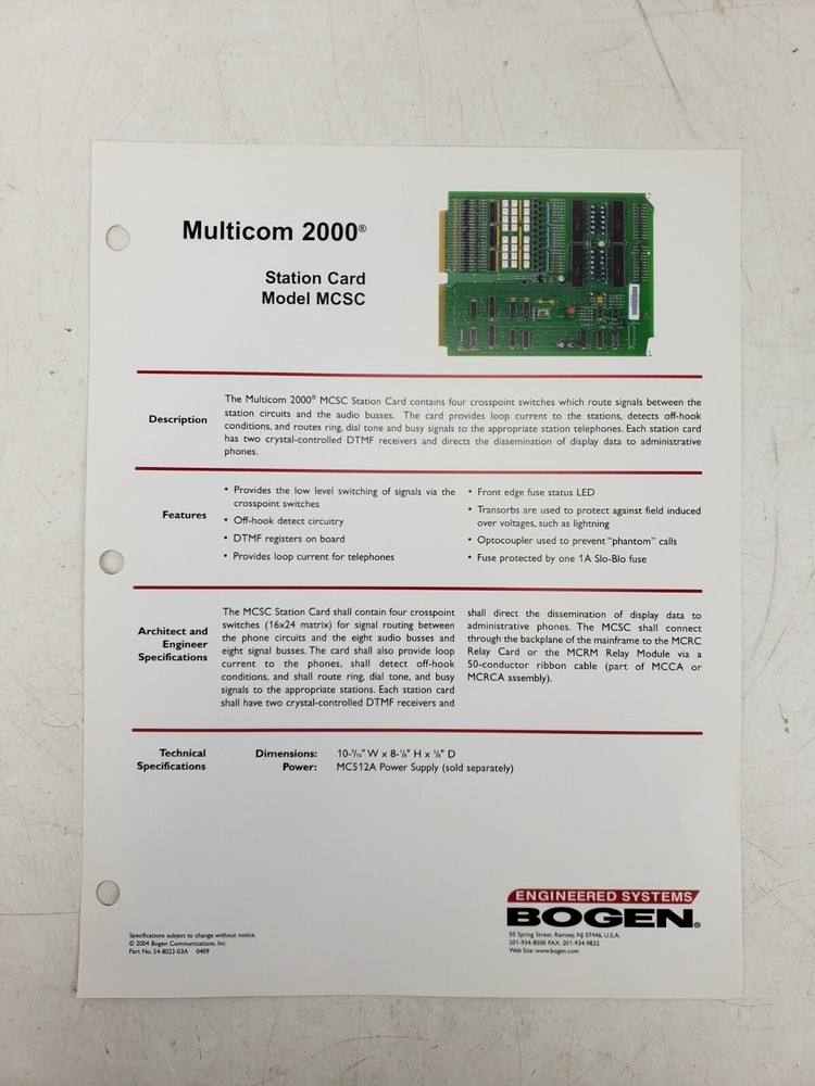 Bogen Multicom 2000 Station Card MCSC Intercom System Used AS IS #8