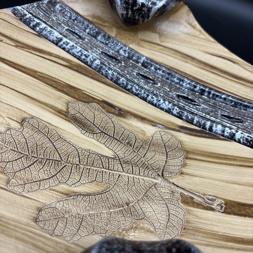 Studio Art Pottery Decor Dish Carved Leaf Pattern Metallic Curled Unsigned